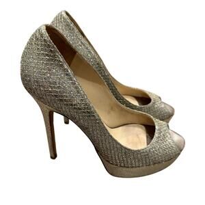 Jimmy Choo Gold Glitter Platform Peep Toe Heels Size 36.5